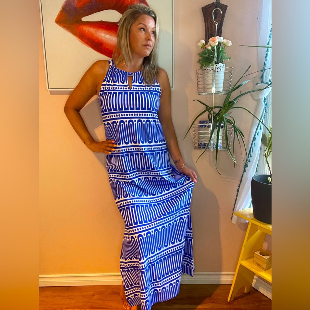 Jude Connally Blue and White Halter Sundress Maxi